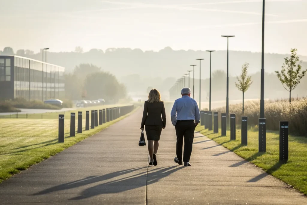 HR-manager en medewerker lopen in ochtendlicht samen over een lang recht pad met vaste markeringen, als beeld voor de mijlpalen van de Wet verbetering poortwachter