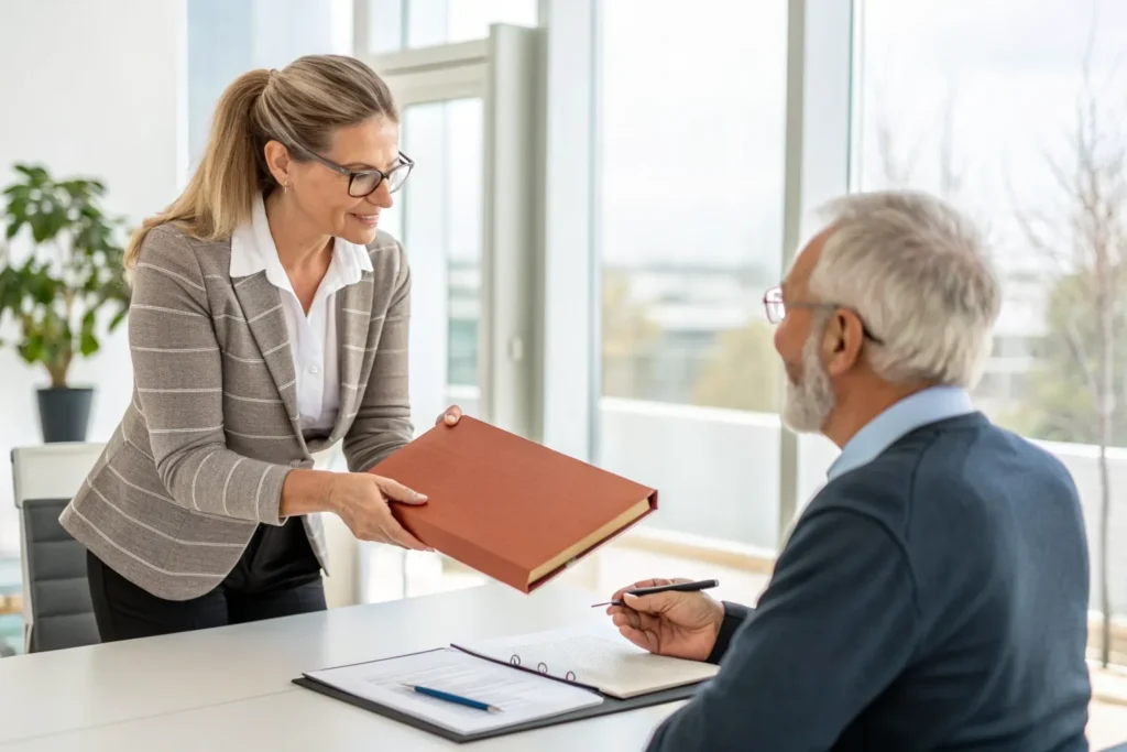 HR-manager overhandigt het complete re-integratiedossier aan een medewerker in de aanloop naar de WIA-aanvraag