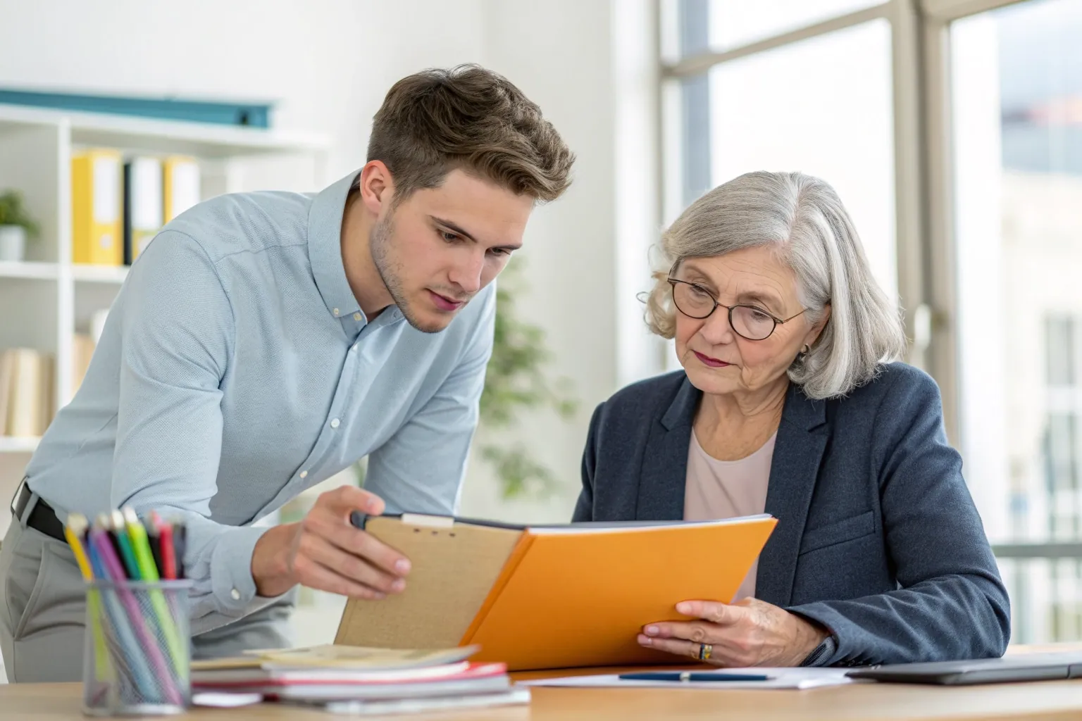 Senior arbeidsdeskundige bekijkt samen met een collega de stukken uit een vastgelopen dossier