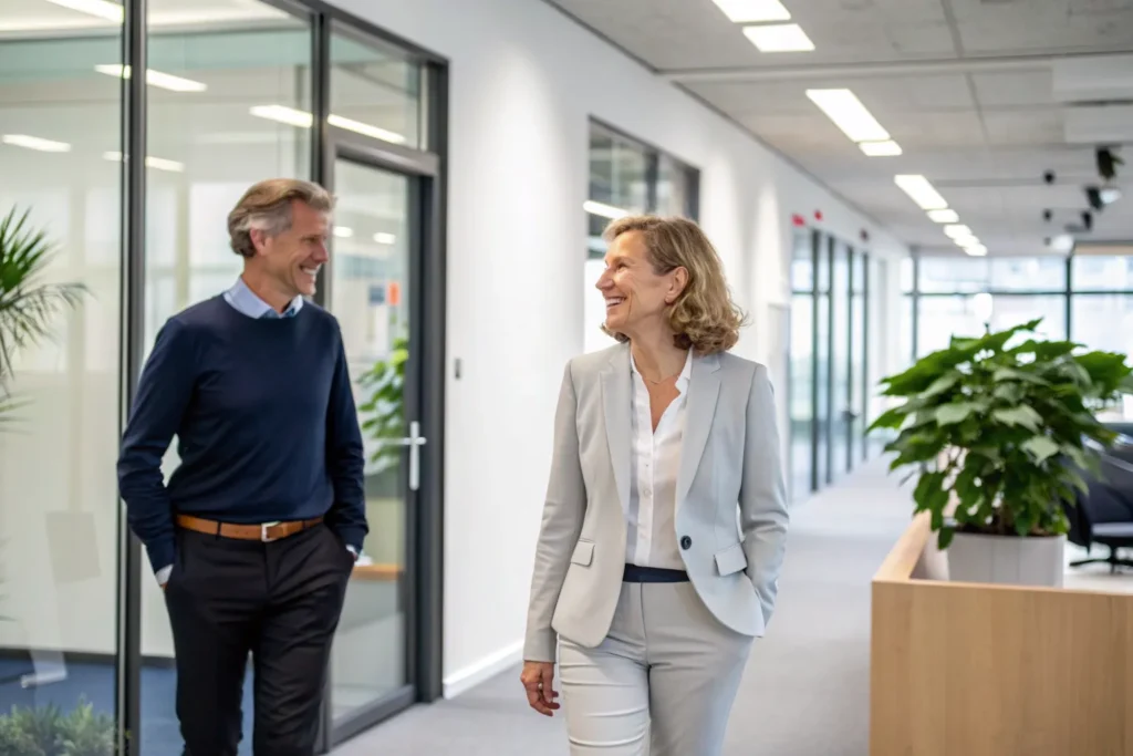 Medewerker wordt door een leidinggevende rondgeleid op een nieuwe werkplek bij een andere werkgever, als onderdeel van spoor 2