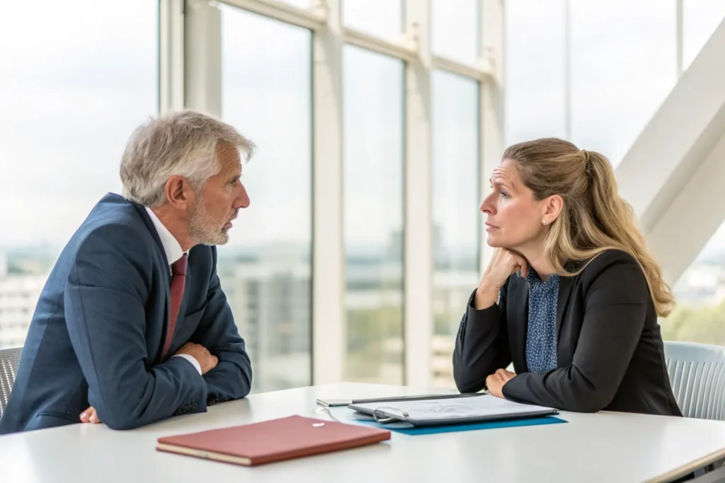 HR-manager en casemanager zitten zwijgend tegenover elkaar met een verzuimdossier tussen hen in, symbool voor een vastgelopen re-integratie