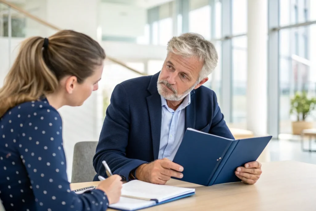 Arbeidsdeskundige licht aan tafel de bevindingen van een arbeidsdeskundig rapport toe aan een werkgever die aantekeningen maakt