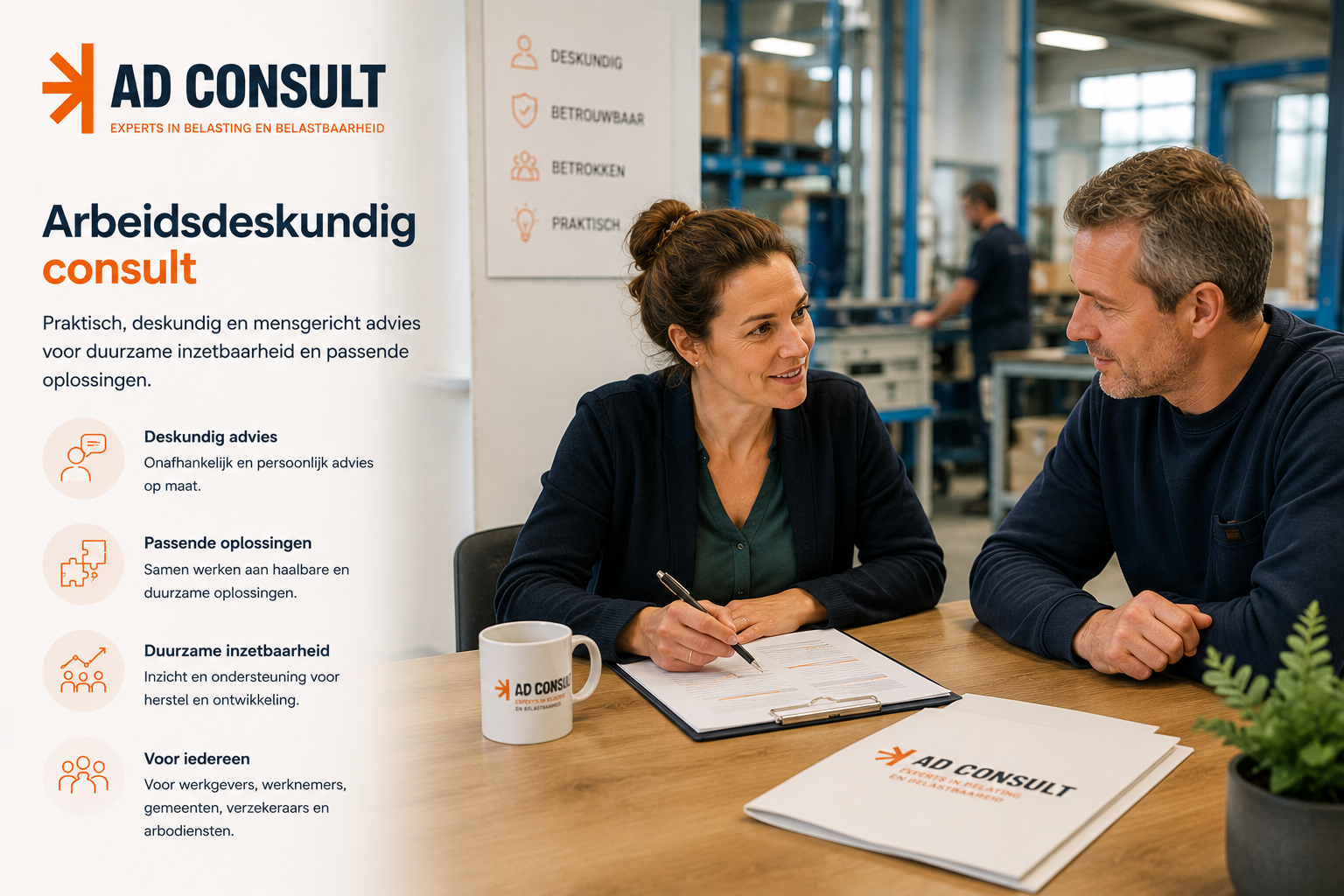Arbeidsdeskundig consult in gesprek met een werkgever