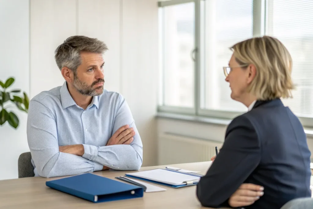 Medewerker zit met gekruiste armen tegenover een casemanager die rustig uitlegt wat een arbeidsdeskundig onderzoek inhoudt