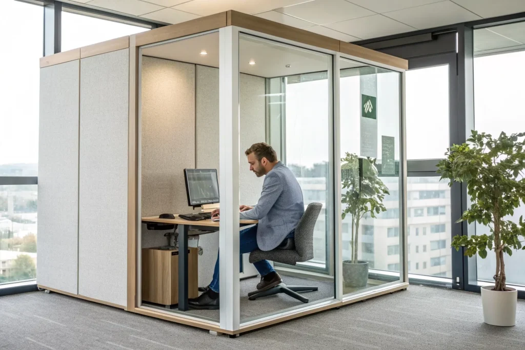 Medewerker werkt geconcentreerd in een rustige glazen focusruimte met akoestische panelen, als voorbeeld van een prikkelarme werkplek