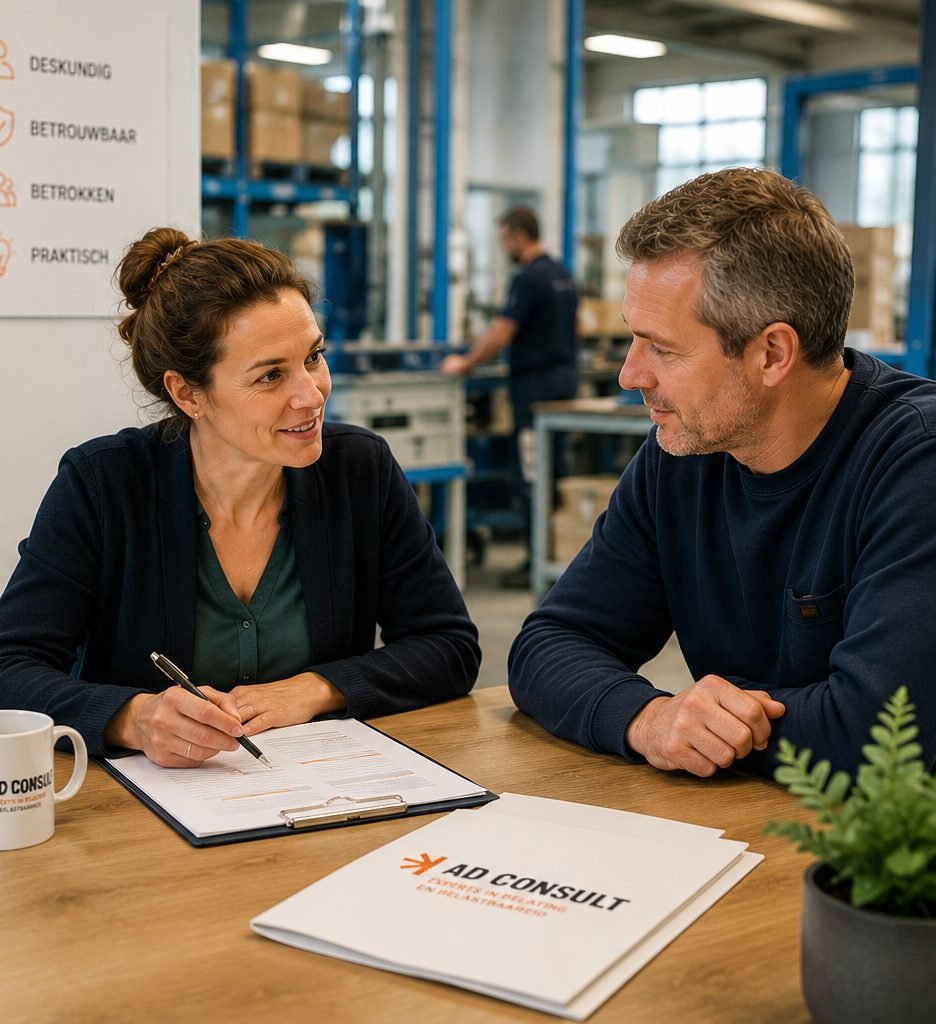 Arbeidsdeskundige van AD-Consult in gesprek met een werkgever op de werkvloer