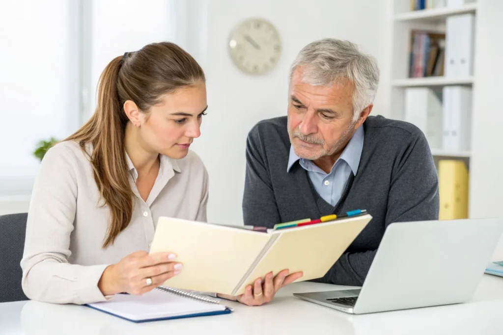 HR-manager en senior arbeidsdeskundige nemen samen een dik re-integratiedossier met tabbladen door voordat de WIA-aanvraag wordt ingediend
