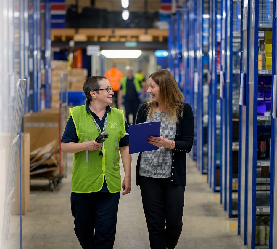 Arbeidsdeskundige en medewerker op de werkvloer van een magazijn