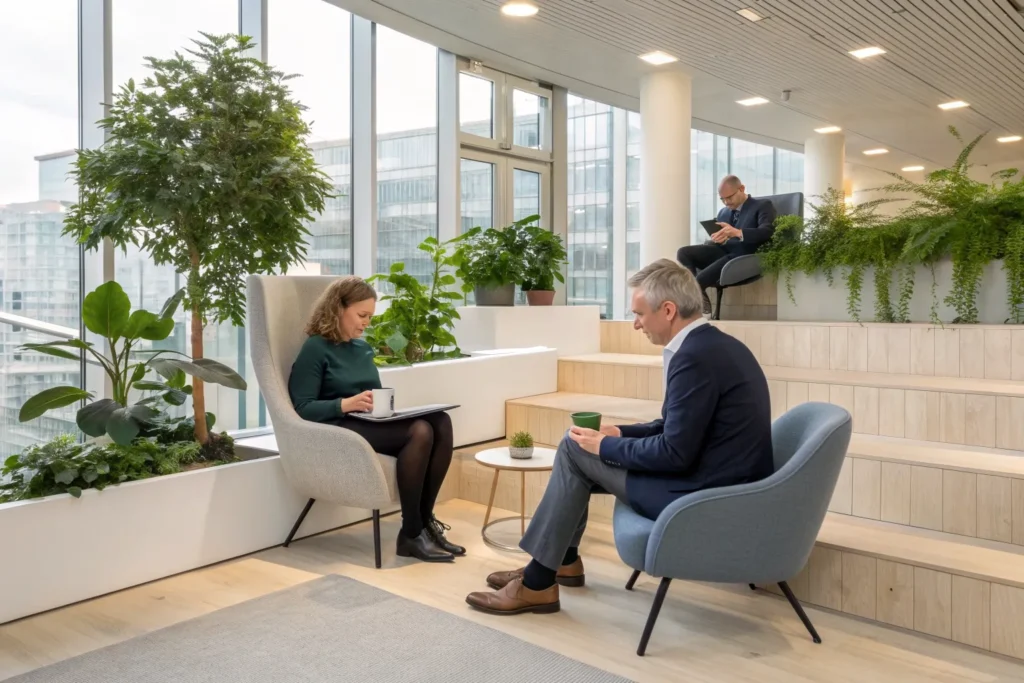 Medewerker en arbeidsdeskundige bespreken in een rustige lounge met planten de stapsgewijze opbouw van het werk na niet-aangeboren hersenletsel