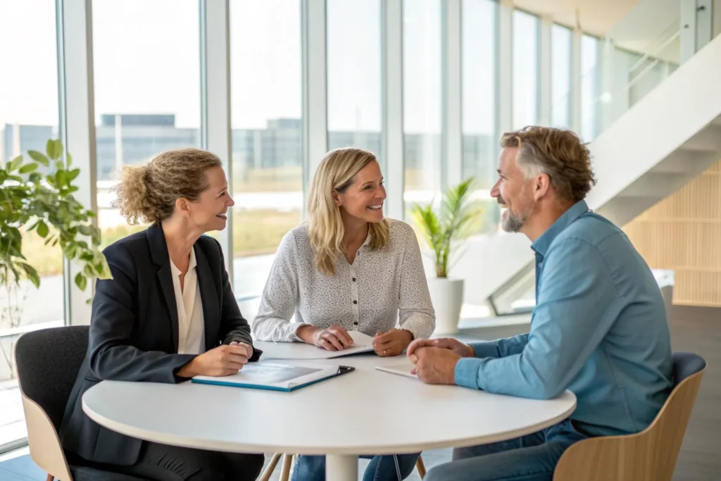Gemeenteconsulent, werkgever en kandidaat bespreken aan een ronde tafel afspraken over werk en loonkostensubsidie