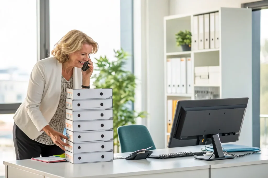 Coördinator bij een arbodienst regelt telefonisch extra capaciteit naast een stapel dossiers en het lege bureau van een afwezige collega