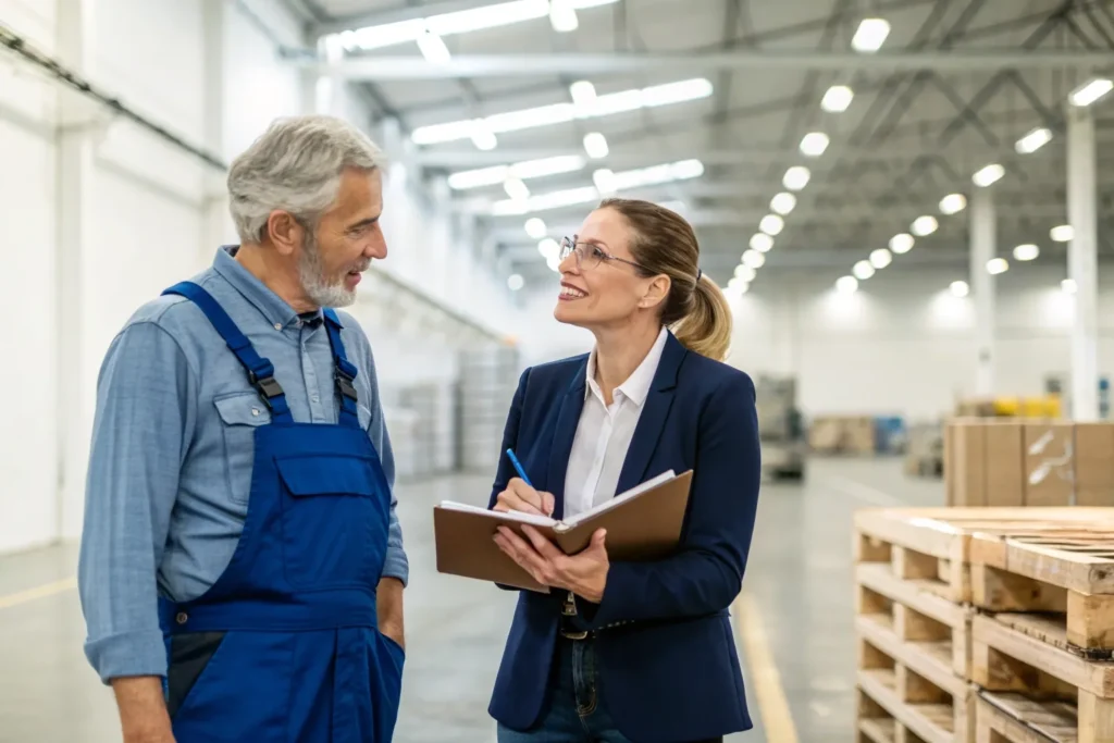 Oudere medewerker in werkoverall bespreekt op de werkvloer met een arbeidsdeskundige of zijn werk passend gemaakt kan worden tot de AOW-leeftijd