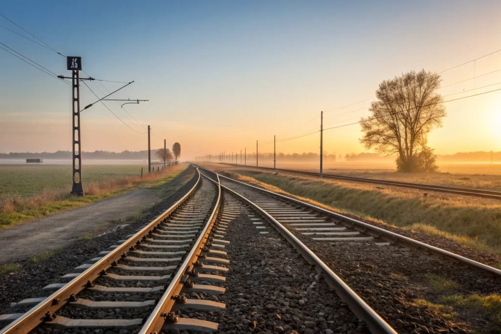 Spoorwissel waar een spoor zich bij zonsopkomst splitst in twee richtingen, als beeld voor de keuze tussen spoor 1 en spoor 2 bij re-integratie