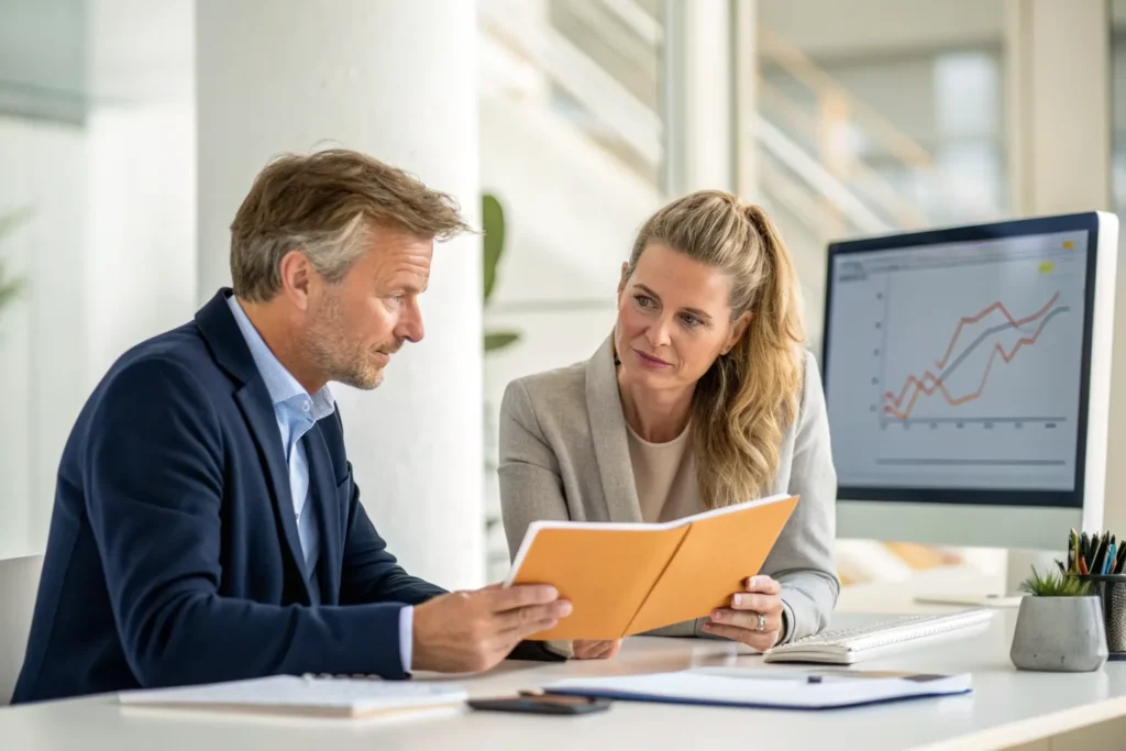 HR-manager en arbeidsdeskundige bekijken samen een verzuimdossier, met een verzuimgrafiek op het scherm op de achtergrond
