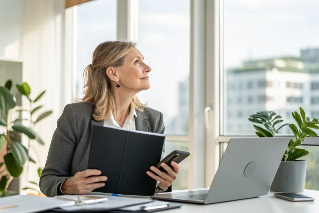 HR-manager overweegt met een verzuimdossier en haar telefoon in de hand een arbeidsdeskundig onderzoek in te schakelen