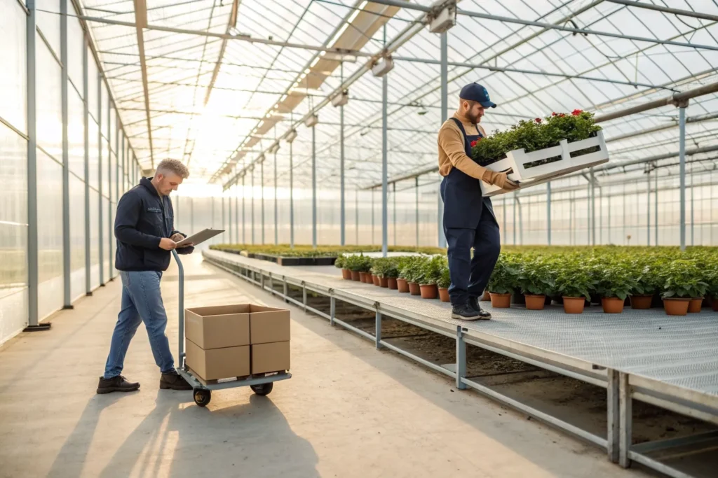 Arbeidsdeskundige observeert in een kas hoe een medewerker een krat planten tilt, om de feitelijke belasting van het werk te beoordelen