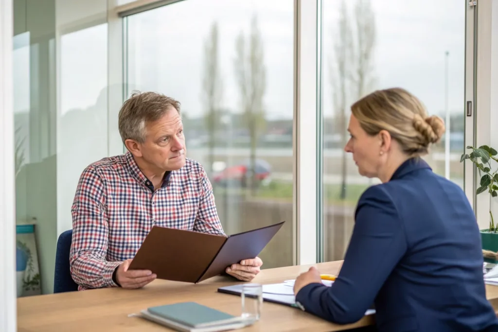 Mkb-werkgever in geruit overhemd overlegt met een arbeidsdeskundige over de re-integratieverplichtingen in het tweede ziektejaar