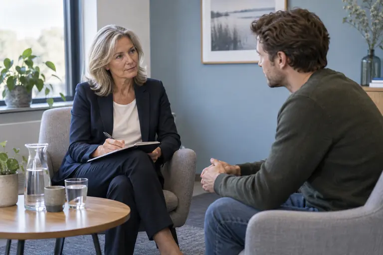 Arbeidsdeskundige met notitieblok in gesprek met een medewerker over zijn inzetbaarheid