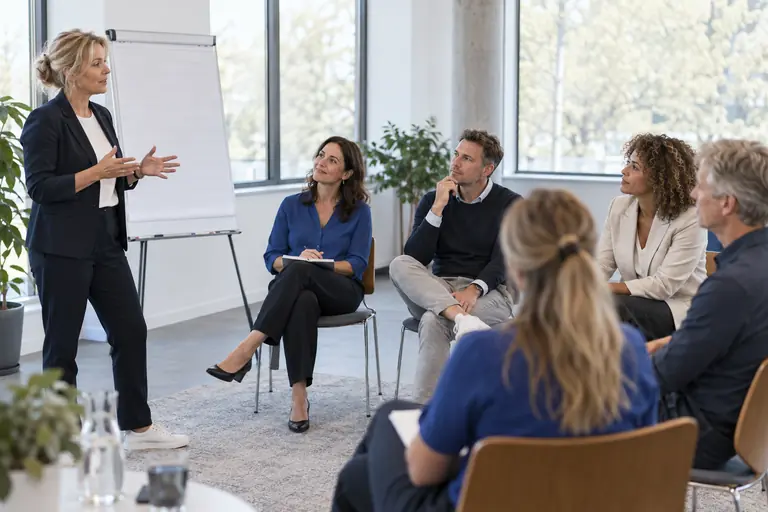 Trainer bij een flip-over voor een groep deelnemers in een kennissessie