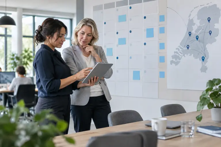 Twee professionals bij een planbord bespreken de inzet van arbeidsdeskundige capaciteit