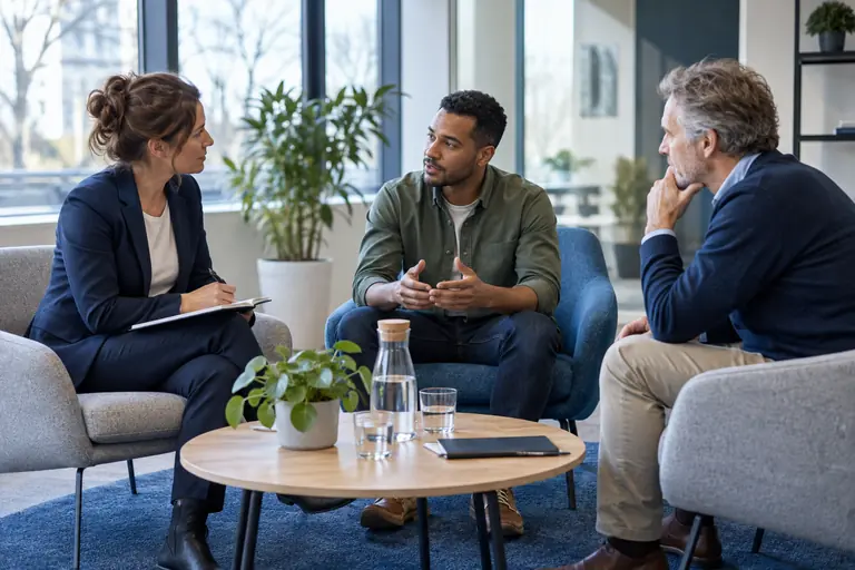 Arbeidsdeskundige met notitieblok in een voortgangsgesprek met een medewerker
