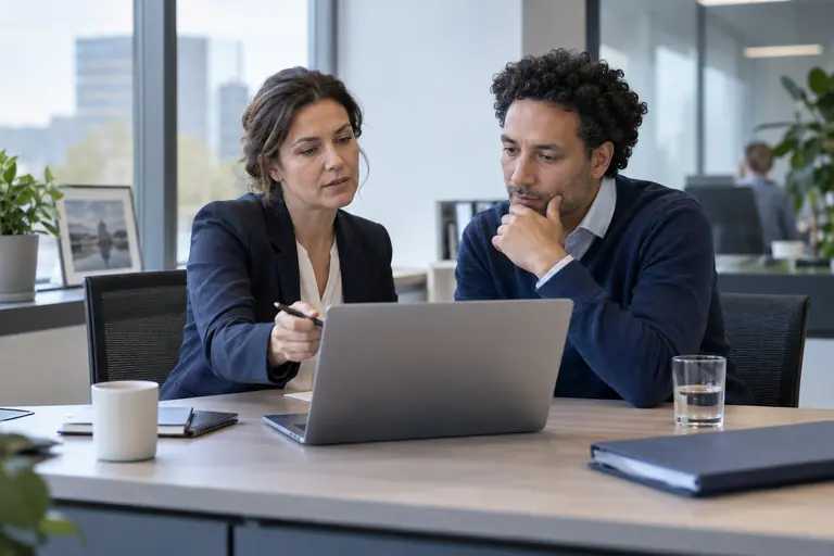 Twee professionals beoordelen samen een dossier achter een laptop
