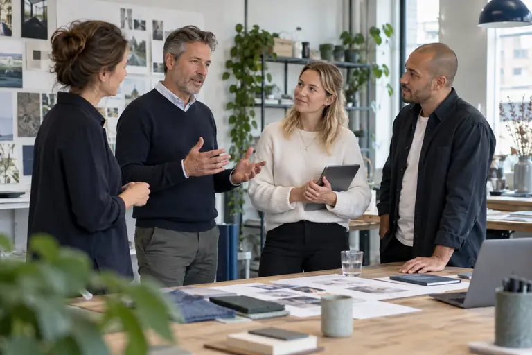 Vier professionals in overleg over een plaatsing bij een nieuwe werkgever