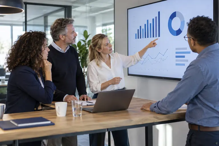 Presentatie van kwaliteitscijfers tijdens een evaluatie van een structurele samenwerking