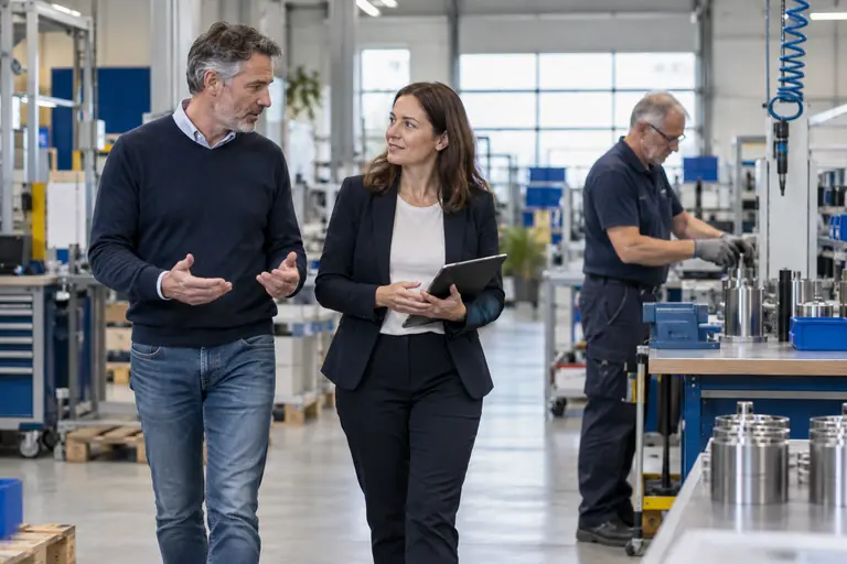 Arbeidsdeskundige loopt met een leidinggevende door een productiehal op zoek naar passend werk
