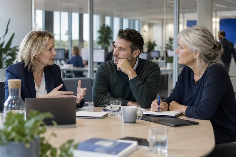 Strategisch overleg over verzuim tussen drie professionals aan een vergadertafel