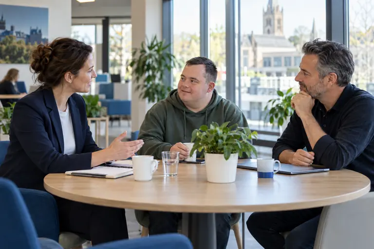 Gesprek tussen gemeente, werkgever en kandidaat aan een ronde tafel