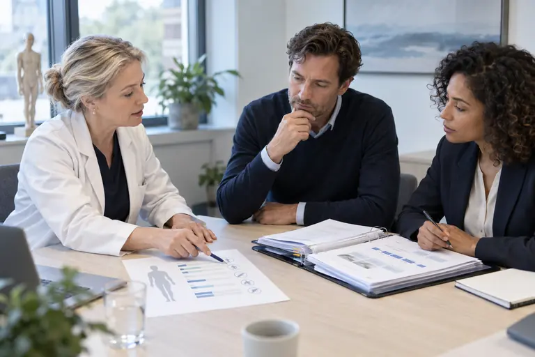 Bedrijfsarts bespreekt documenten met twee professionals aan een vergadertafel