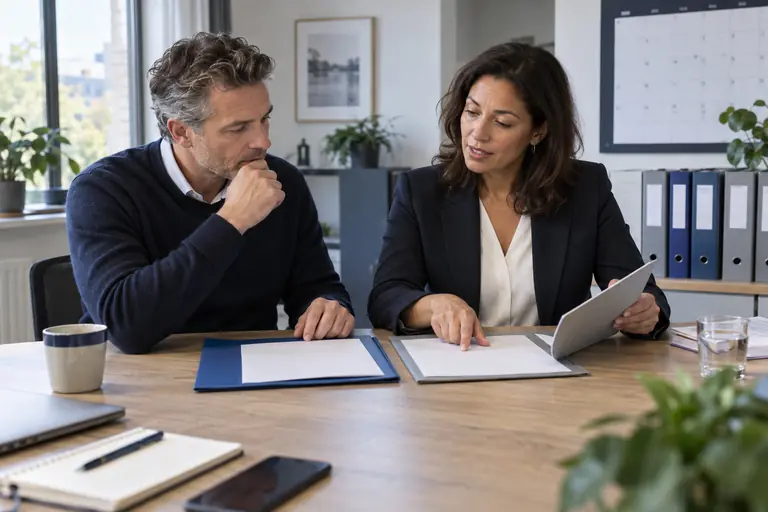 Twee professionals bekijken samen een dossiermap op een vergadertafel