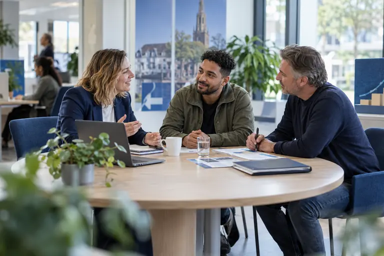 Drie mensen in overleg aan een ronde tafel in een kantoor