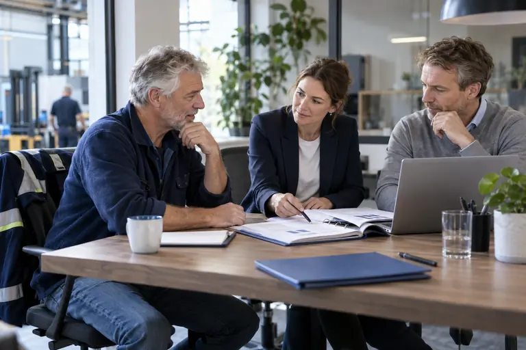 Oudere werknemer in werkkleding in gesprek met een adviseur