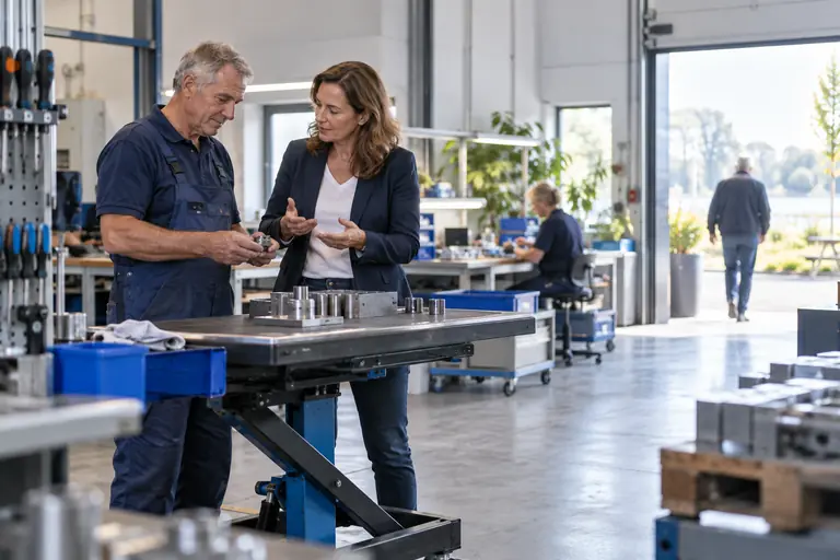 Ervaren vakman in een werkplaats in gesprek met een adviseur
