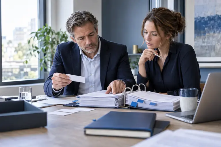 Twee professionals nemen samen een ordner met tabbladen door