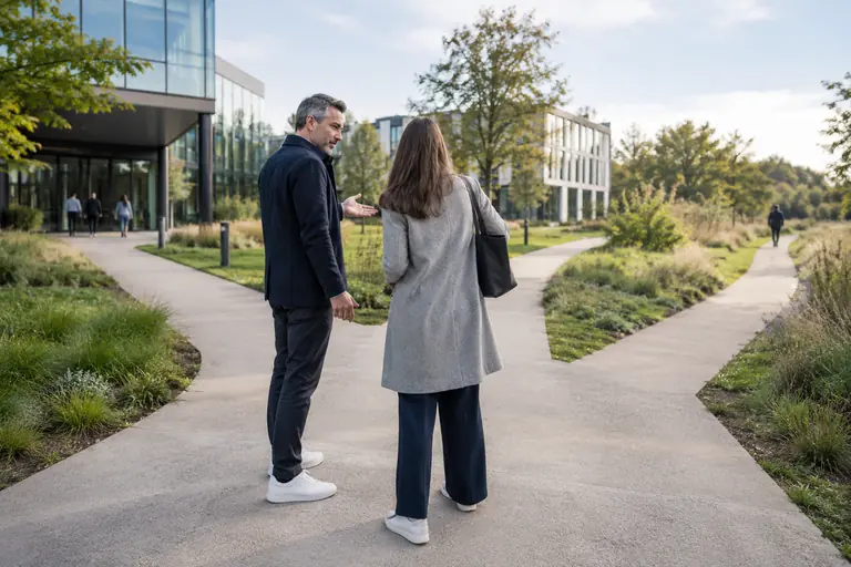 Twee mensen in gesprek op een splitsing van paden bij een kantoorgebouw