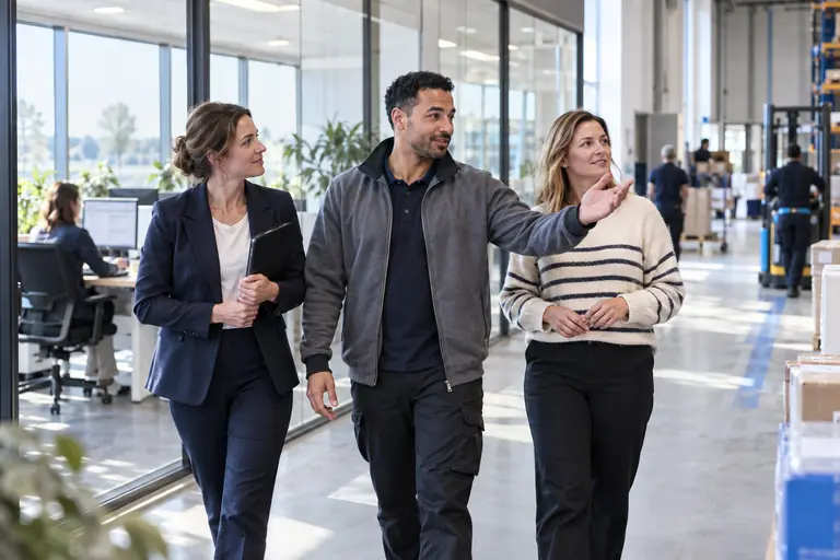 Adviseur loopt met een medewerker door het kantoor van een nieuwe werkgever