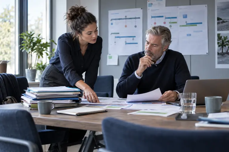 Twee professionals bespreken een complex dossier bij een planbord