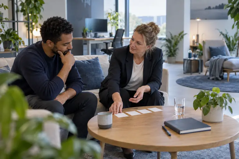 Rustig gesprek tussen een medewerker en een adviseur in een loungehoek