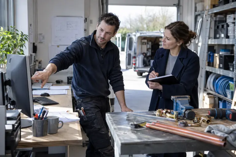 Zelfstandig installateur toont zijn werk aan een adviseur met tablet