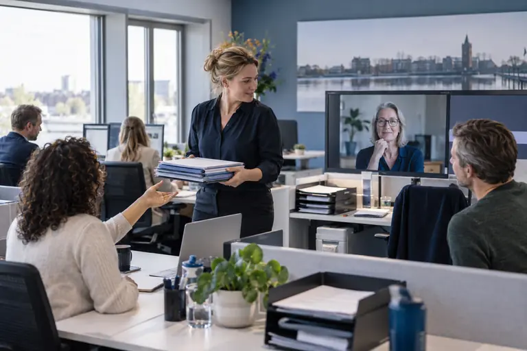 Adviseur met dossiers in een kantoortuin, met een videovergadering op het scherm