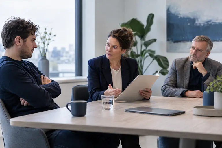 Gesprek aan tafel waarbij een medewerker met over elkaar geslagen armen luistert