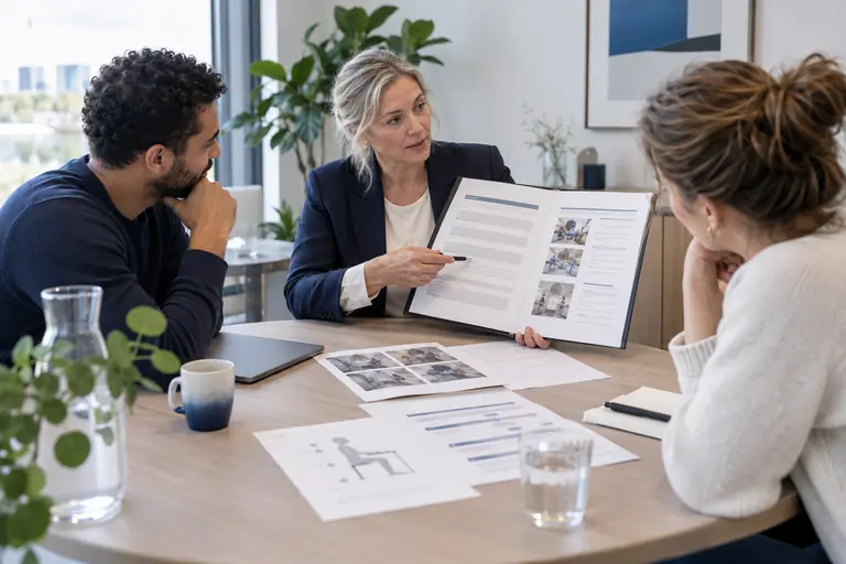 Adviseur licht een rapport toe aan twee betrokkenen