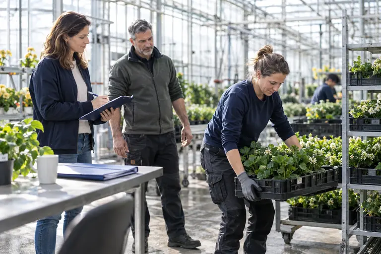 Adviseur met klembord observeert een medewerker in een kwekerij