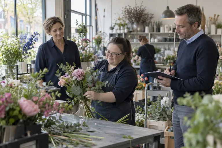 Bloembinder aan het werk terwijl twee betrokkenen meekijken
