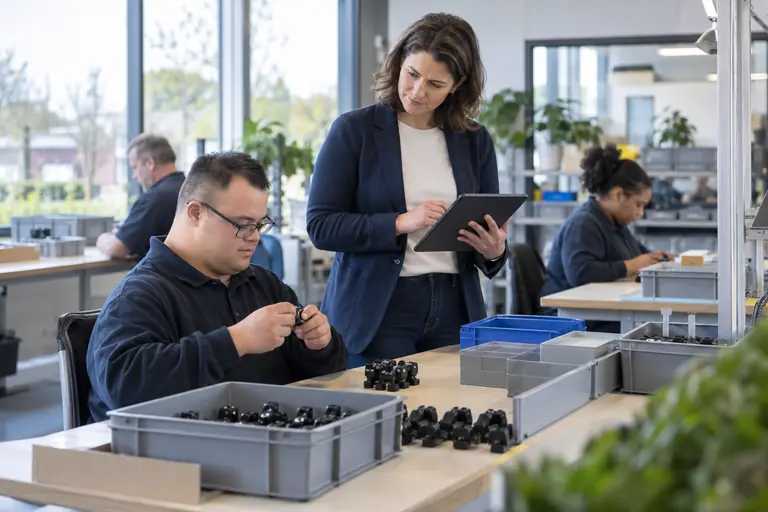 Adviseur met tablet observeert een medewerker aan een assemblagetafel