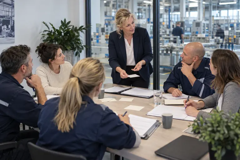 Trainingsgroep in gesprek over een casus tijdens een bijeenkomst op locatie
