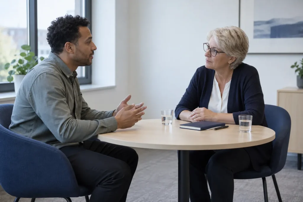 Adviesgesprek aan tafel op kantoor